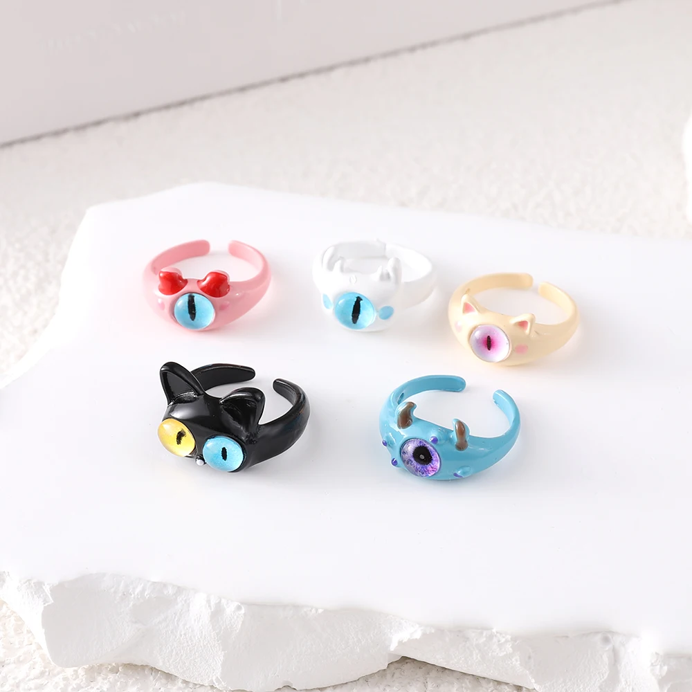 펑크 큰 눈 반지 여성용 귀여운 녹색 몬스터 반지, 달콤한 다채로운 고양이 눈 오픈 커플 링, 파티 손가락 액세서리 패션
