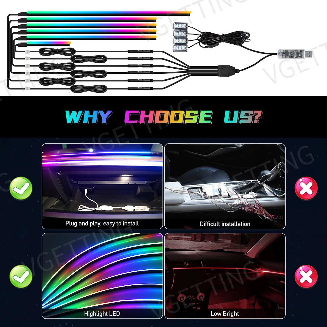 자동차 인테리어 아크릴 LED 주변 조명, 테슬라 USB APP 리모컨 RGB 심포니 분위기 램프, 시가 라이터 포함, 10 in 1