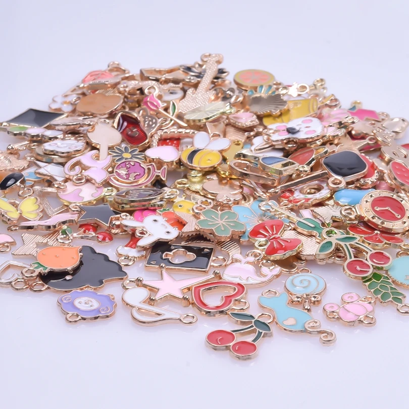 혼합 골드 컬러 합금 에나멜 귀여운 하트 꽃 과일 참 펜던트, DIY 귀걸이 팔찌 쥬얼리 액세서리, 30 개, 50 개, 100 개