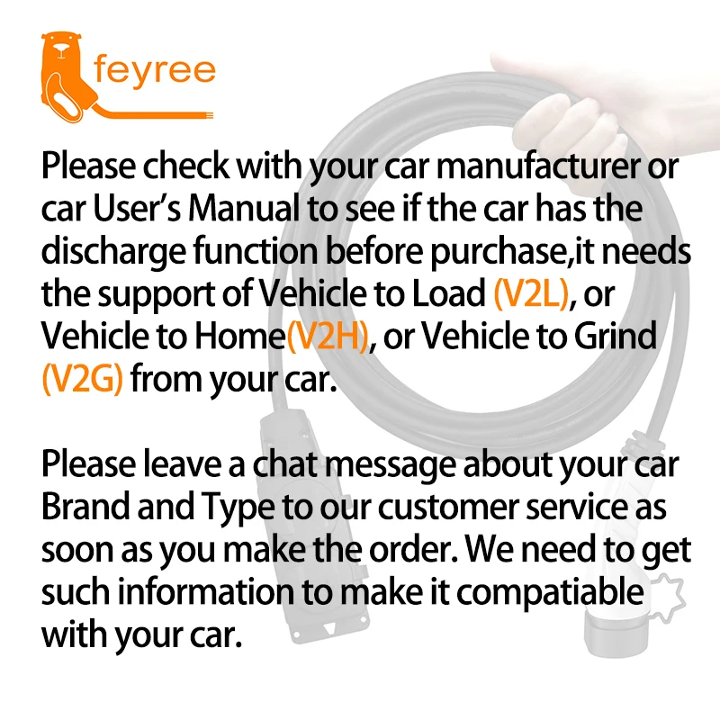 Feyree-전기 자동차 사이드 방전 플러그 EV Type2 16A 충전기 케이블, EU 소켓 야외 발전소 (V2L 지원 필요)