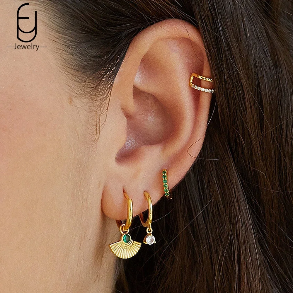 925 스털링 실버 바늘 그린 지르콘 골드 귀걸이 여성을위한 하트 후프 귀걸이 섬세한 스터드 귀걸이 럭셔리 쥬얼리 선물