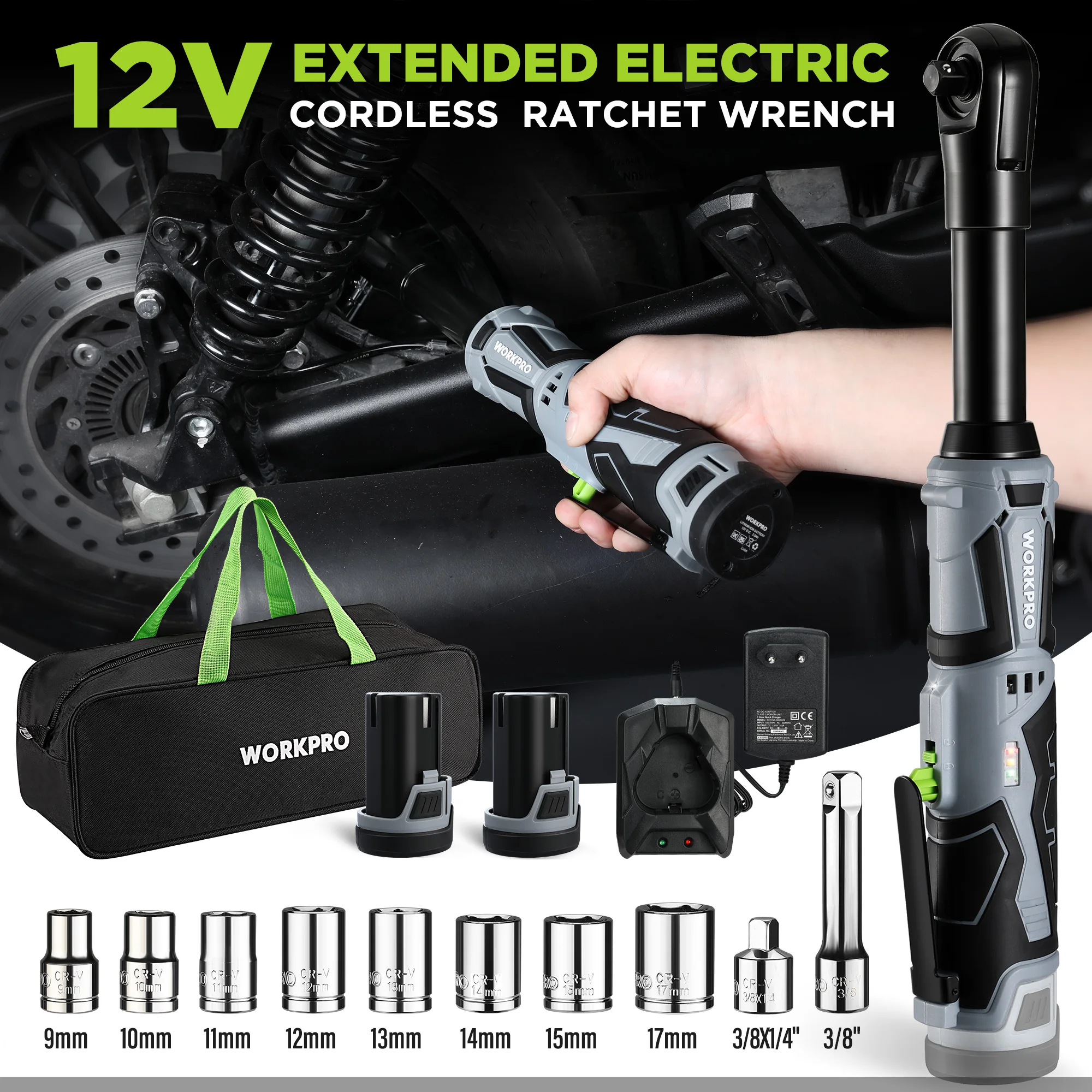 WORKPRO 전기 래칫 렌치, 리튬 이온 확장 래칫 렌치, 나사 제거용 3/8 인치 무선 래칫 도구 키트, 55N.m, 12V