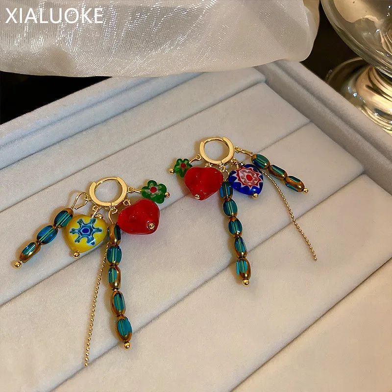 XIALUOKE 기하학 풀 컬러 비즈 여성용 하트 모양의 귀걸이 귀걸이 보헤미아 개성 귀걸이 파티 쥬얼리