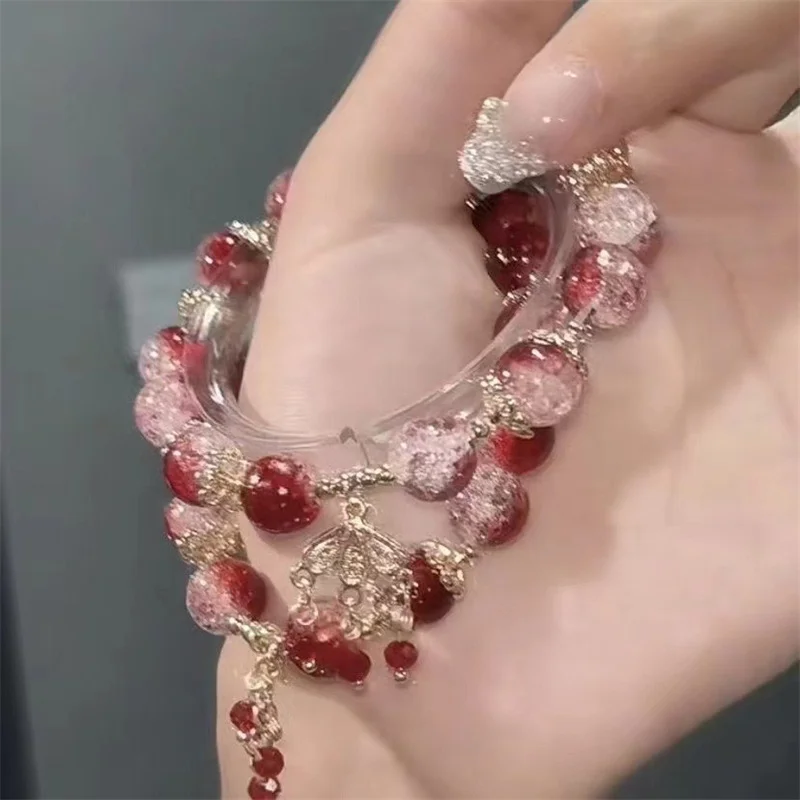 여성용 심플 그린 팝콘 크리스탈 팔찌, 한국 인 꽃 여우 깃털 태슬 팔찌, 우정 쥬얼리 선물