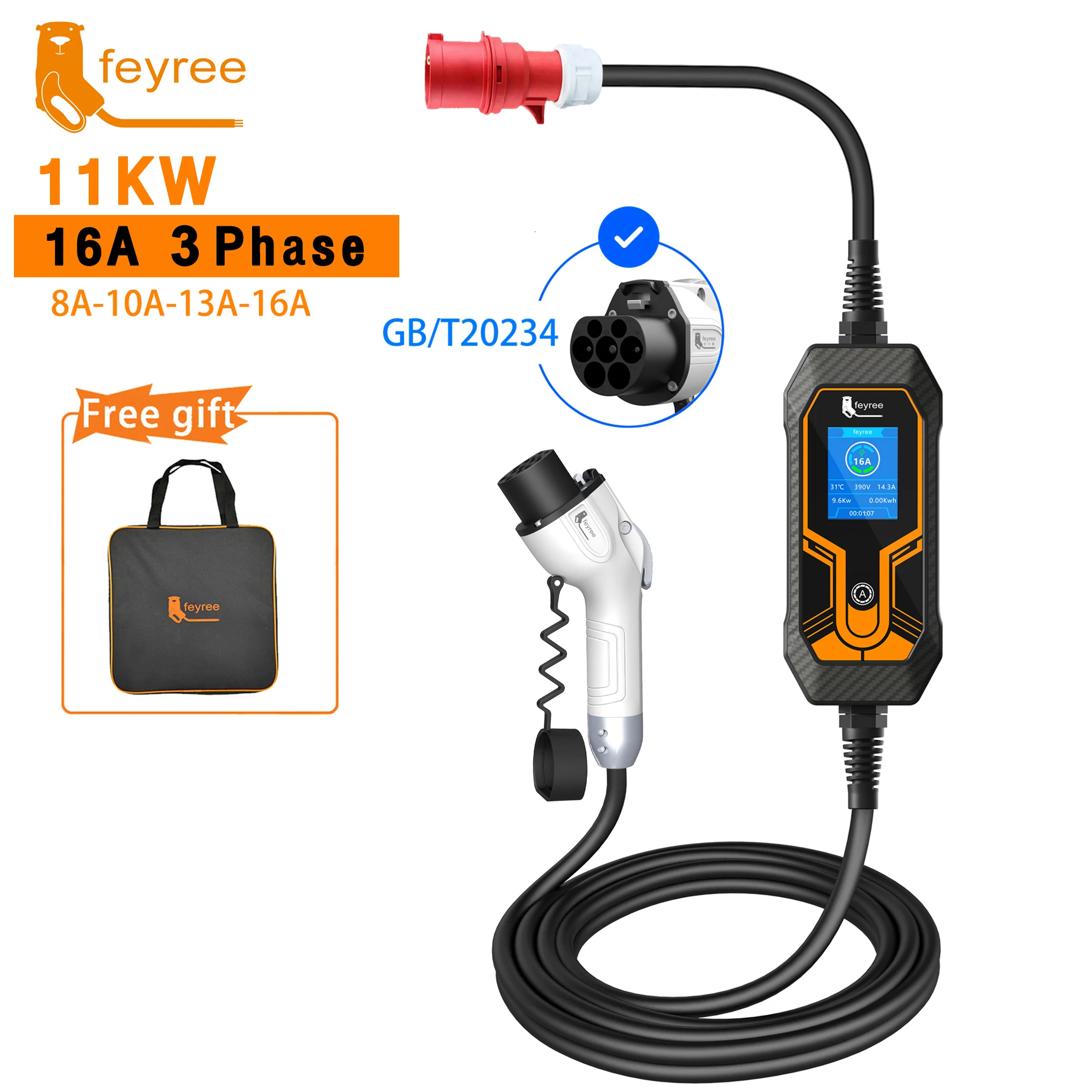 Feyree-GB/T 코드 11KW 16A 3 상 EV 휴대용 충전기, 5M 케이블, EVSE 충전 박스, 자동차 충전기, 전기 차량용 CEE 플러그 포함