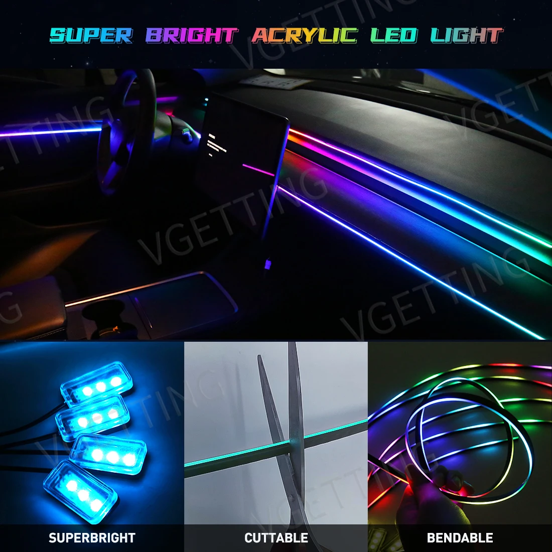 자동차 인테리어 아크릴 LED 주변 조명, 테슬라 USB APP 리모컨 RGB 심포니 분위기 램프, 시가 라이터 포함, 10 in 1