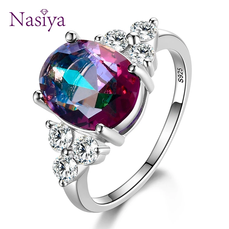 여성용 쥬얼리 925 스털링 실버 반지 화이트 핑크 라이트 블루 샴페인 지르콘 타원형 결혼 반지