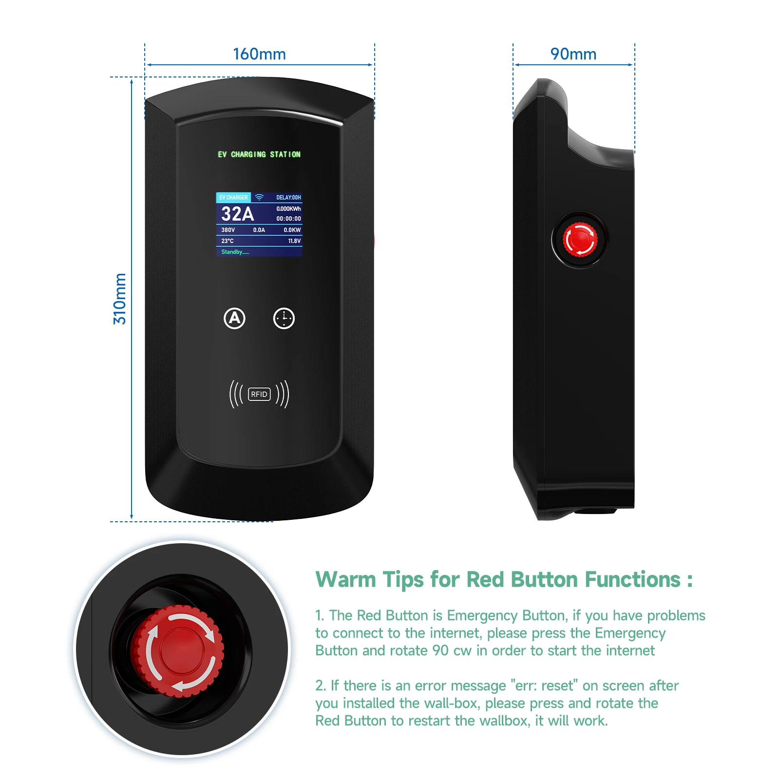 EV 충전 스테이션 전기차 충전기, EVSE 월박스, 7.6, 11, 22KW, 타입 2 케이블, IEC62196, 앱 제어, 32A