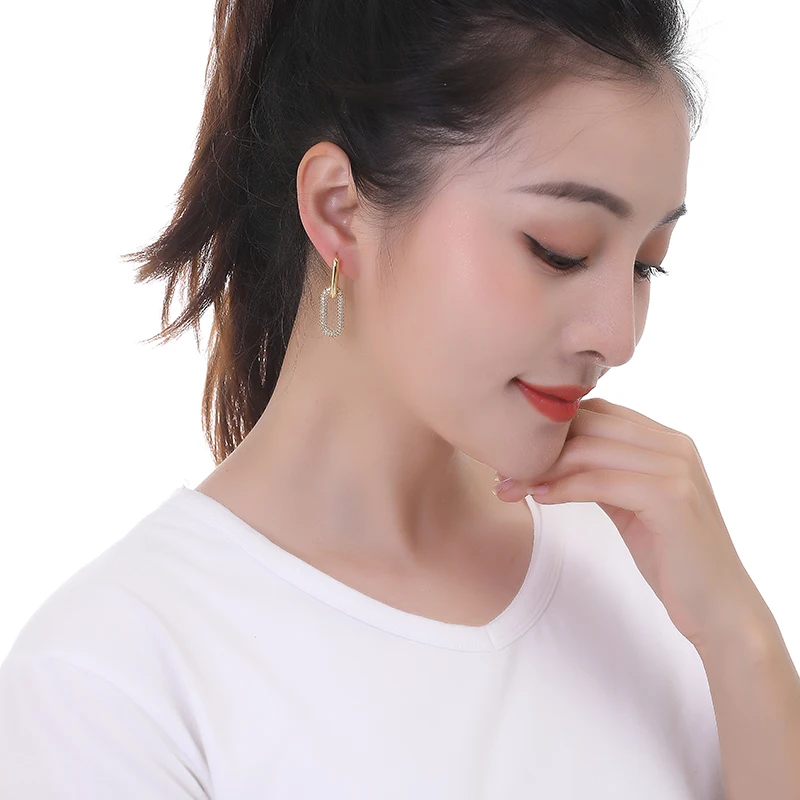 LOVBEAFAS 여성용 기하학적 타원형 직사각형 후프 귀걸이, 지르콘 웨딩 쥬얼리, 우아한 여성용 댕글 귀걸이, 골드 색상 브랜드