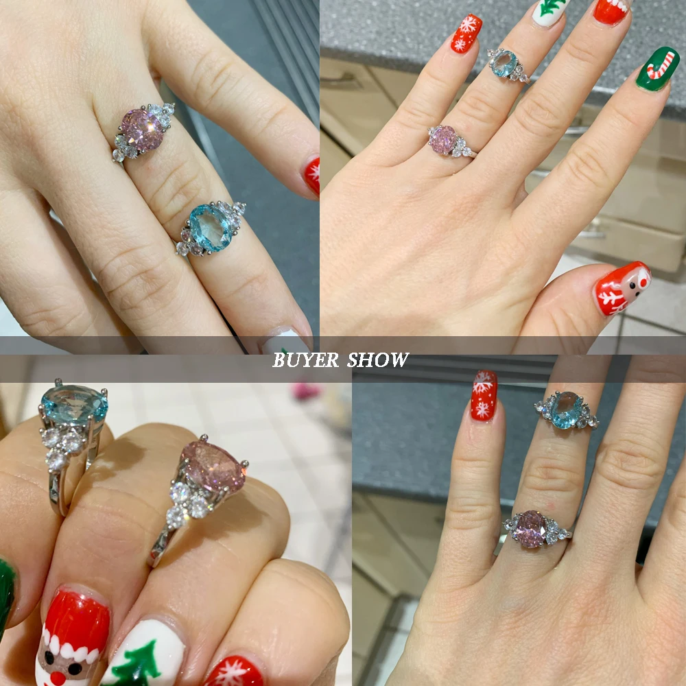 여성용 쥬얼리 925 스털링 실버 반지 화이트 핑크 라이트 블루 샴페인 지르콘 타원형 결혼 반지