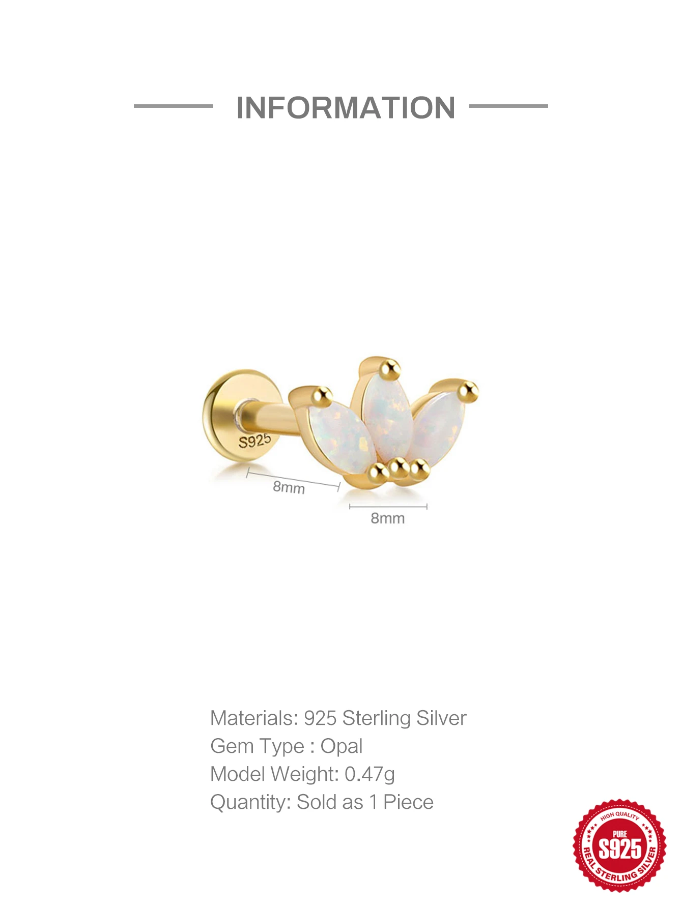 CANNER 여성용 절묘한 크라운 오팔 피어싱 귀걸이, 925 스털링 실버, 귀 스터드, 연골 귀걸이, 바디 쥬얼리 선물, 1PC