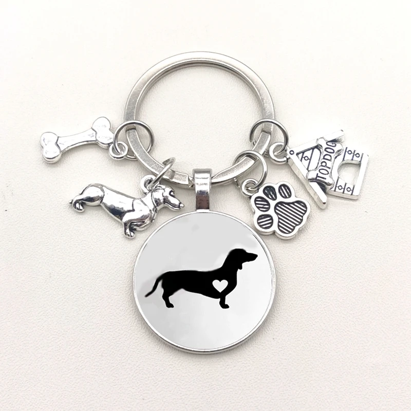 I Love Dachshunds Keychain 귀여운 동물 만화 개 키 체인, 개 유리 볼록 열쇠 고리 선물 여자 남자 보석