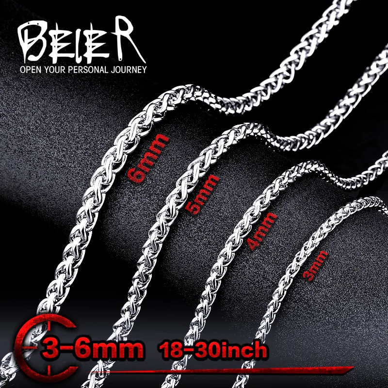 Beier 3mm/4mm/5mm/6mm 너비 316L 스테인레스 스틸 남자 소년 밀 링크 목걸이 체인 실버 색상 BN1006 ( 20-32 인치)