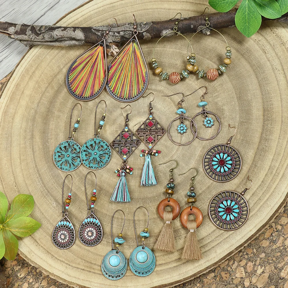 여성용 보헤미안 에스닉 우드 비즈 태슬 귀걸이, 레트로 크리에이티브, 독특한 기하학적 댕글 귀걸이, 펜디엔트, 쥬얼리 선물