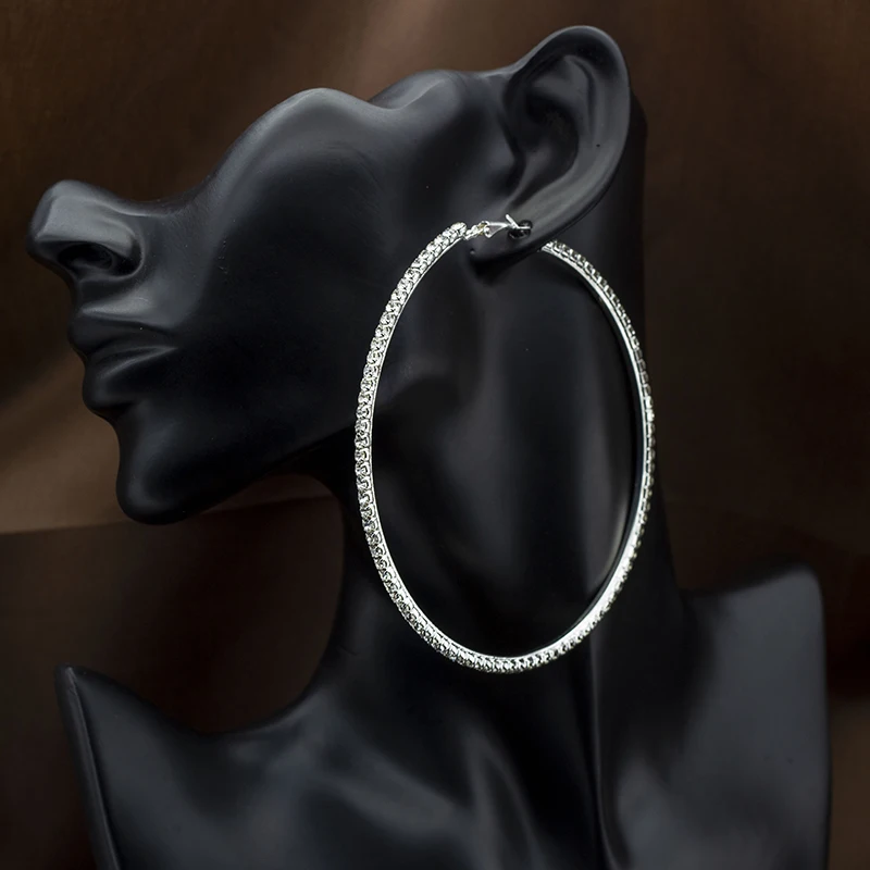 라인스톤 크리스탈 원형 후프 귀걸이, 심플한 큰 원형 실버 도금 후프 귀걸이, 여성용 인기 귀걸이, 20mm-90mm