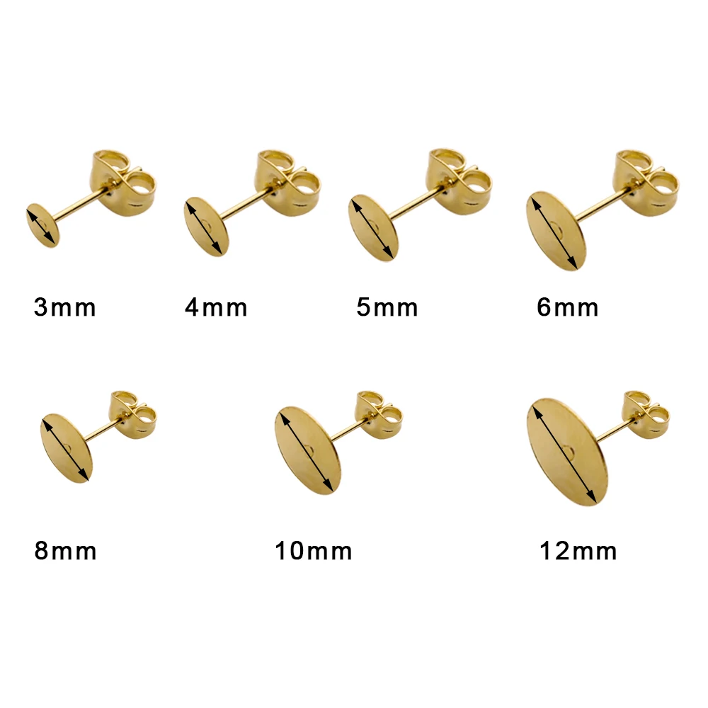 골드 스테인레스 스틸 빈 포스트 귀걸이 스터드, 귀걸이 플러그 포함 기본 핀, DIY 쥬얼리 액세서리용 귀 뒤쪽, 50 개