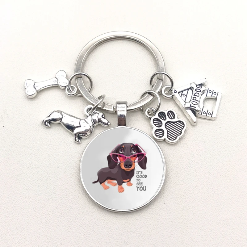 I Love Dachshunds Keychain 귀여운 동물 만화 개 키 체인, 개 유리 볼록 열쇠 고리 선물 여자 남자 보석