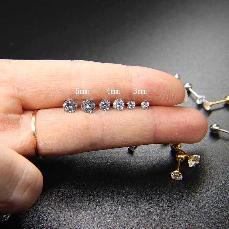 2 개/몫 펑크 의료 스테인리스 티타늄 스틸 바늘 지 르 콘 크리스탈 스 터 드 귀걸이 남자 여자 파티 귀 보석 크기 3/4/5/6mm