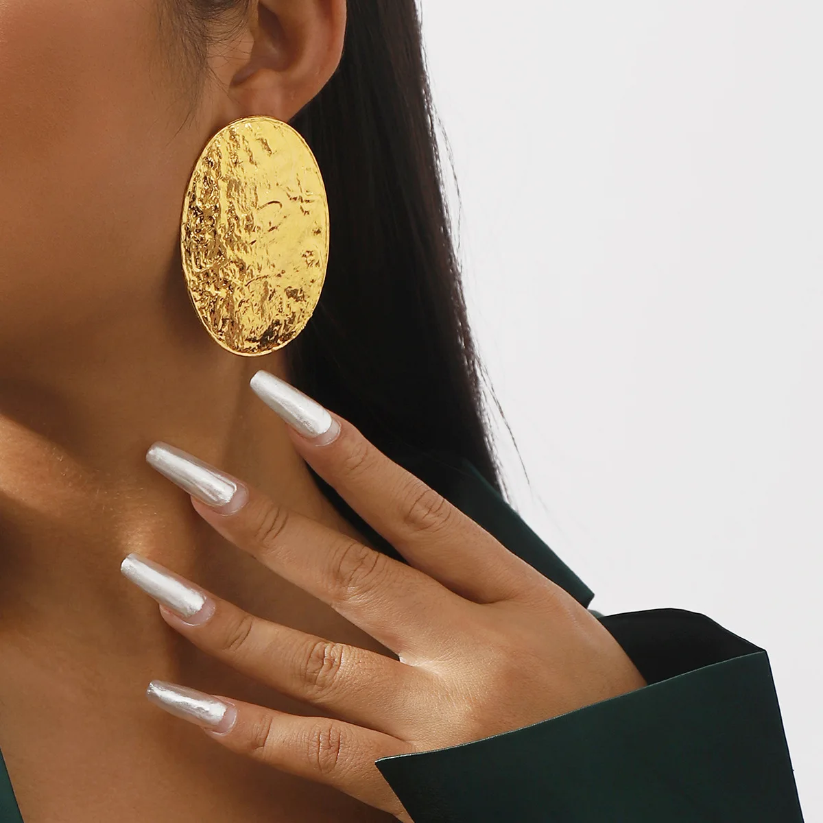 여성용 절묘한 과장된 골드 컬러 타원형 귀걸이, 2023 클래식 질감, 울퉁불퉁한 기하학적 금속 스터드 귀걸이 쥬얼리