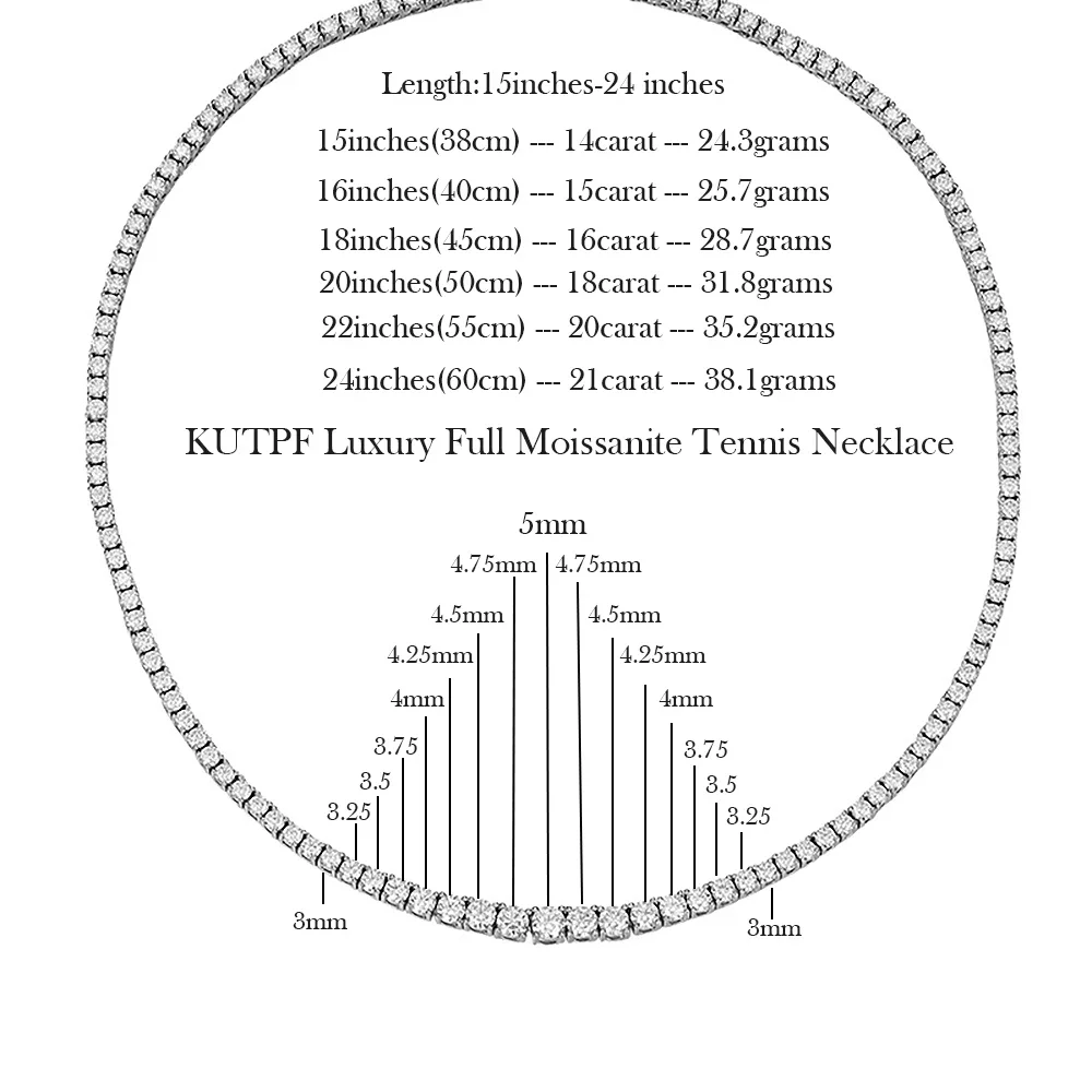 풀 모이사나이트 테니스 목걸이, 인증서 포함, 그라데이션 다이아몬드 목걸이, 925 스털링 실버 넥 체인, 3-5mm 크기
