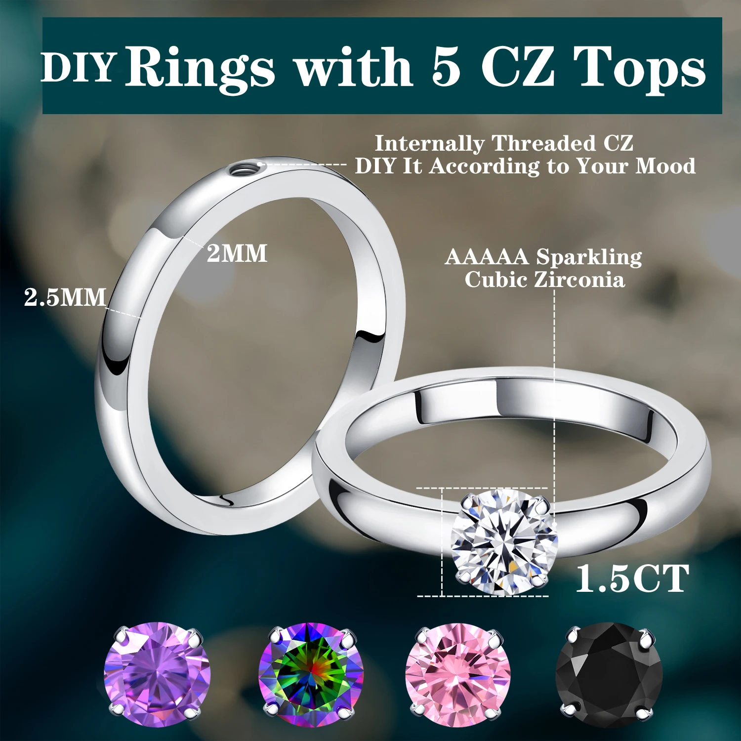 DIY 1.5 CT 솔리테어 약혼 반지, 결혼 밴드, 교환 가능한 스테인레스 스틸 라운드 큐빅 지르코니아 약속 반지