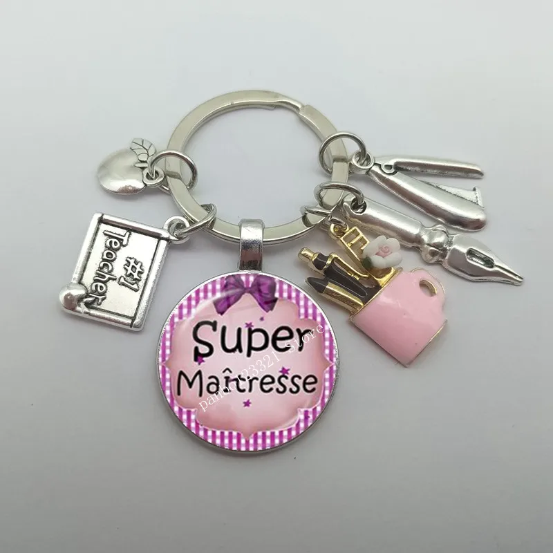Merci Maitresse 교사 키체인, 유리 돔, DIY 주얼리 만들기, 스승의 날 주얼리 선물, 25 mm