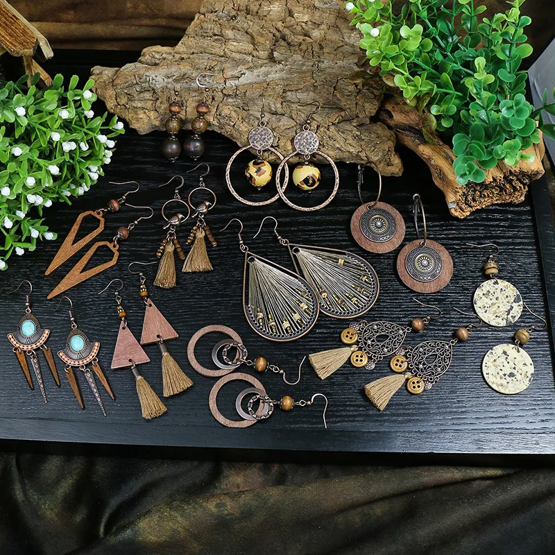 여성용 보헤미안 에스닉 우드 비즈 태슬 귀걸이, 레트로 크리에이티브, 독특한 기하학적 댕글 귀걸이, 펜디엔트, 쥬얼리 선물