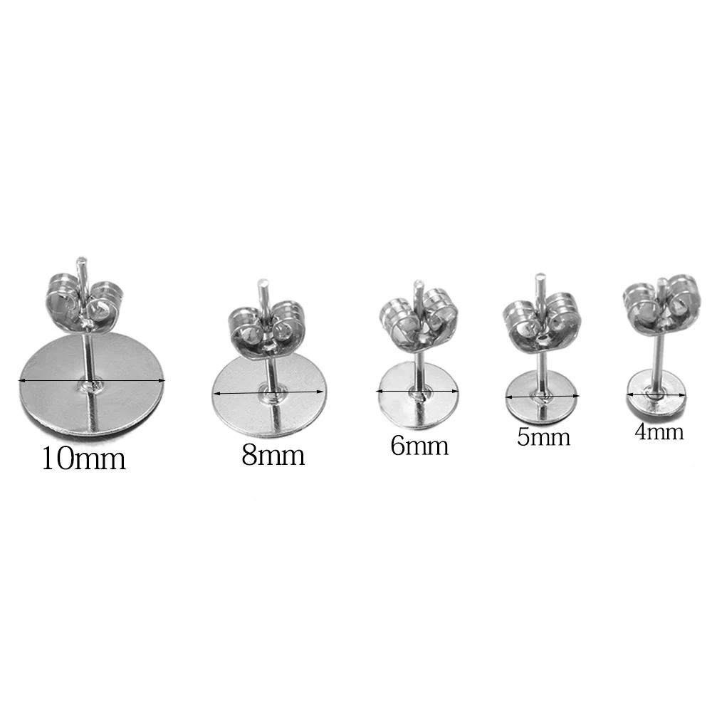 100 개/묶음 4-10mm 청동 로듐 KC 골드 메탈 블랭크 포스트 귀걸이 스터드 베이스 핀 귀걸이 플러그 귀가있는 보석 제작 용, 청동 로듐 KC 골드 메탈