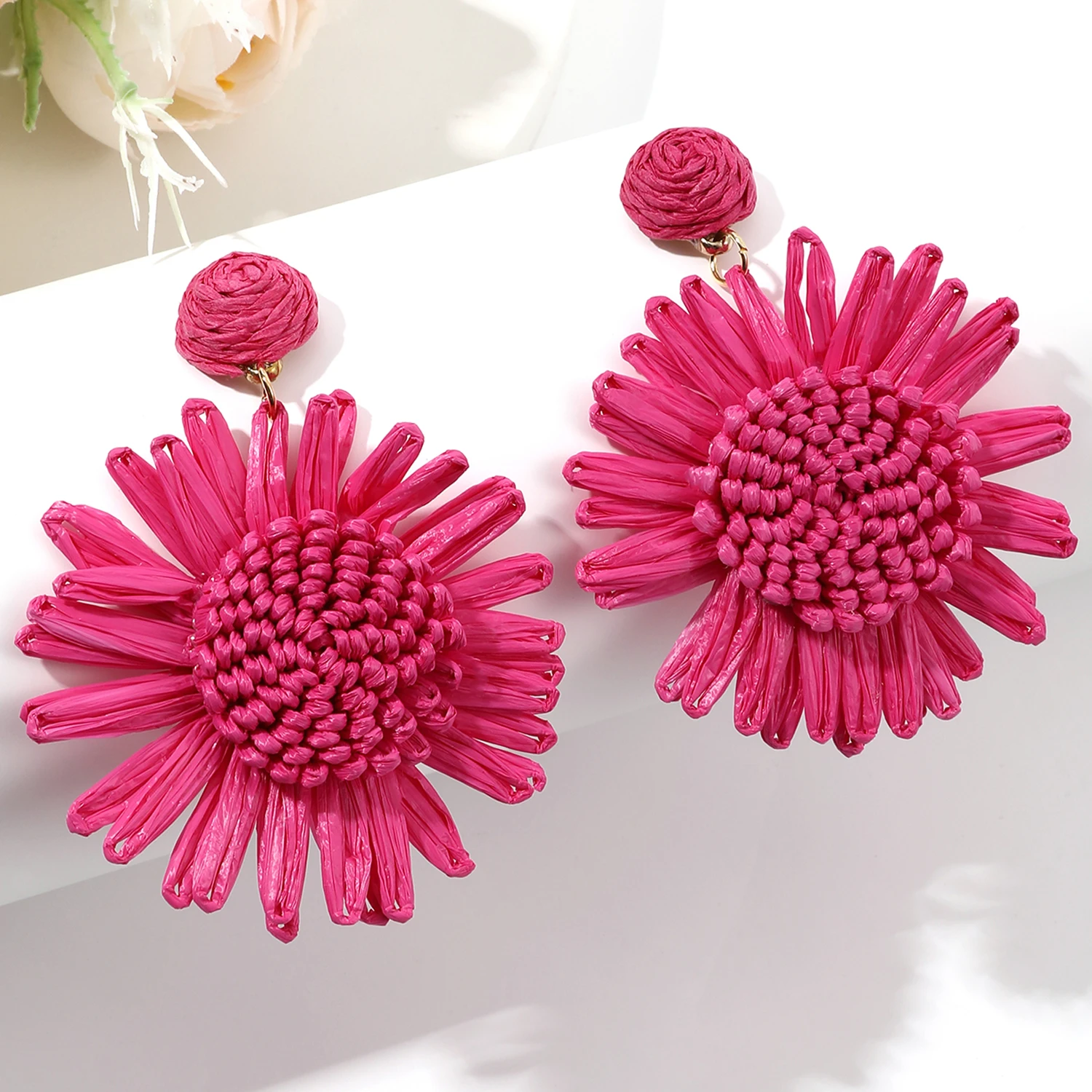 여성용 수제 직조 태양 꽃 라피아 귀걸이, 라탄 니트 귀걸이, 휴일 파티 주얼리, 패션 선물, 신제품