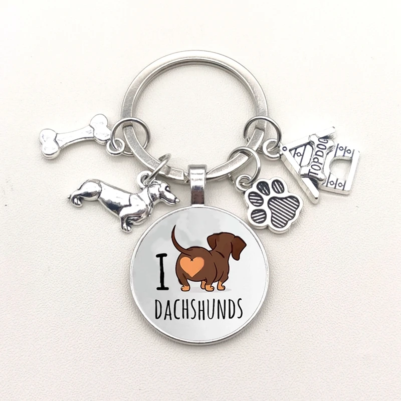 I Love Dachshunds Keychain 귀여운 동물 만화 개 키 체인, 개 유리 볼록 열쇠 고리 선물 여자 남자 보석