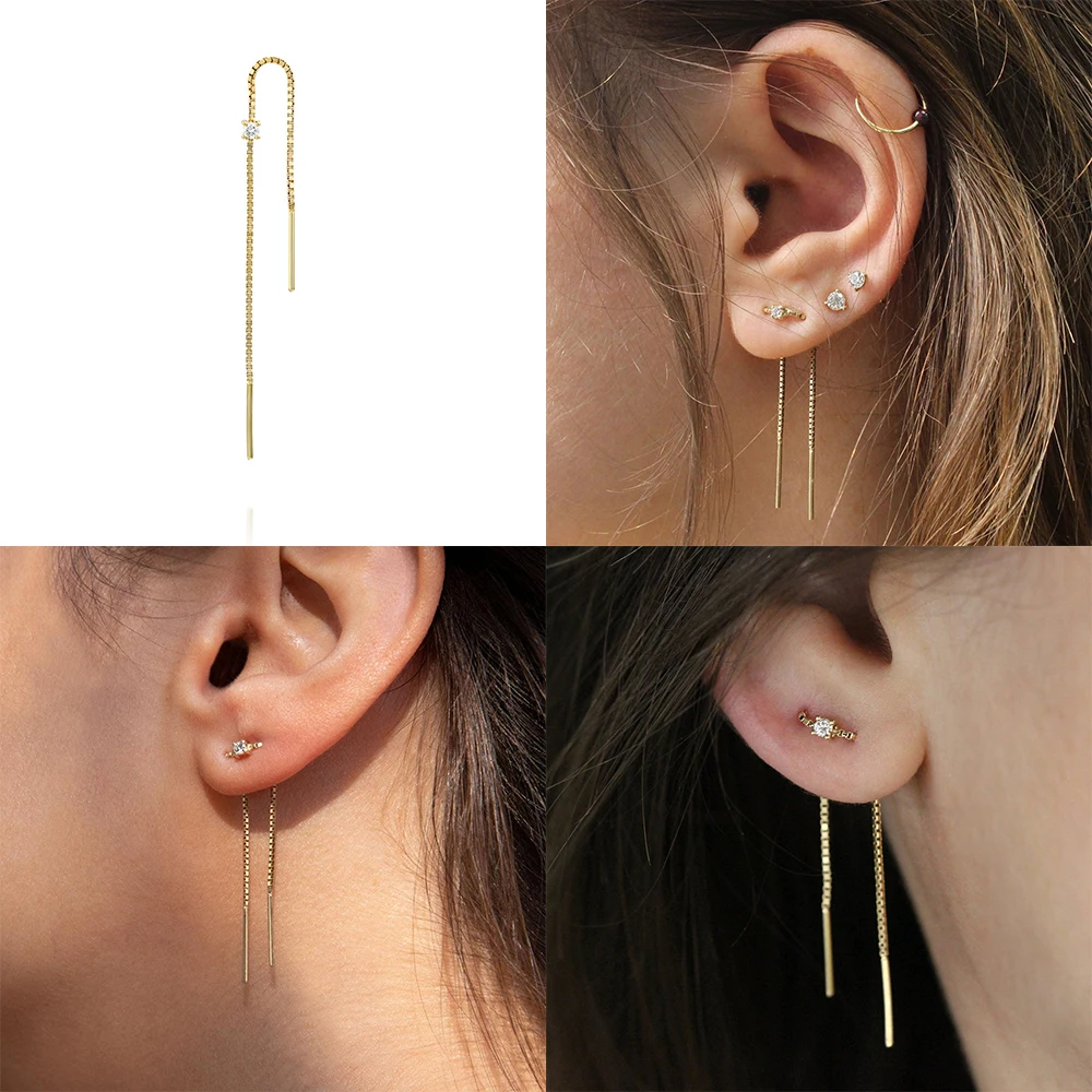 CANNER 여성용 롱 와이어 태슬 체인 블링 지르콘 펜던트 드롭 귀걸이, 925 스털링 실버 트렌드, 2 개