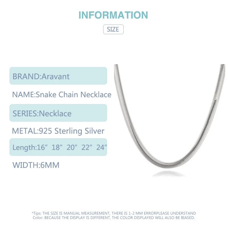 Aravant 925 스털링 실버, 플랫 스네이크 체인 목걸이, 남성 패션 웨딩 주얼리, 16, 18, 20, 22, 24/26 인치, 6mm