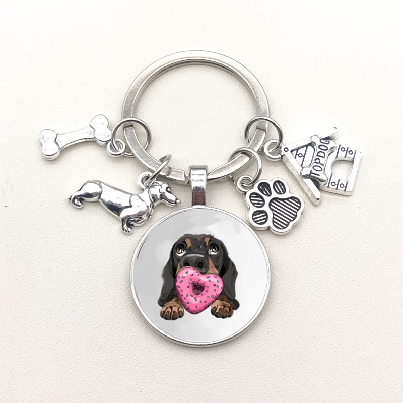 I Love Dachshunds Keychain 귀여운 동물 만화 개 키 체인, 개 유리 볼록 열쇠 고리 선물 여자 남자 보석