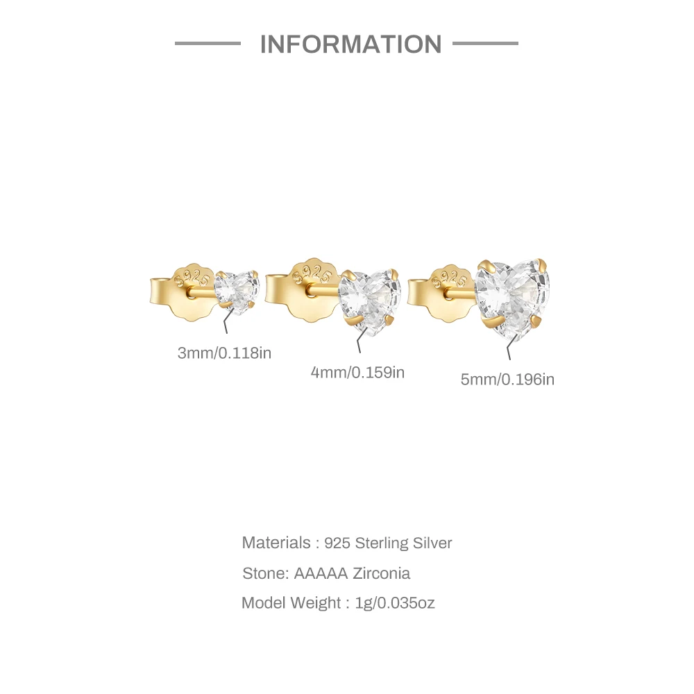 AIDE 925 스털링 실버 샤이니 하트 지르콘 귀걸이 세트, 여성용 쥬얼리 귀 본 피어싱 이어 스터드, 3mm, 4mm, 5mm 브린코, 3 개