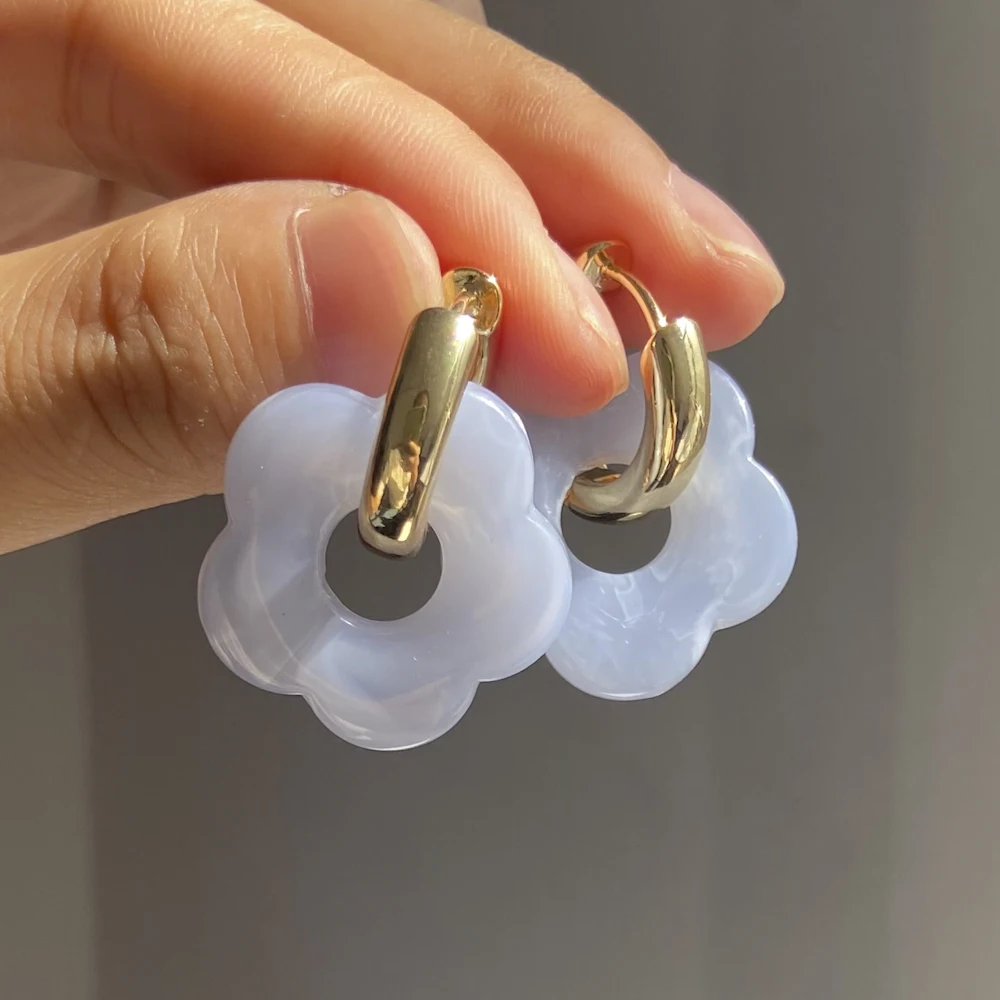 여성용 멀티 컬러 투명 아크릴 수지 마블링 플라워 드롭 귀걸이, 골드 메탈 라운드 후프 귀걸이, 패션 주얼리 2022