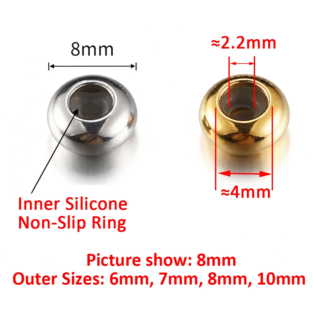 스테인리스 스틸 조정 비즈, 미끄럼 방지 실리콘 링, 골드 스토퍼 스페이서 비즈, DIY 주얼리 제작용, 6 7 8 10mm, 10 개