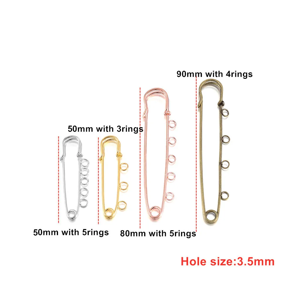 주얼리 제작 용품 액세서리용 안전 핀, 브로치 블랭크 베이스, 3/5 링, 주얼리 핀, 50mm, 80mm, 90mm, 5 개, 10 개