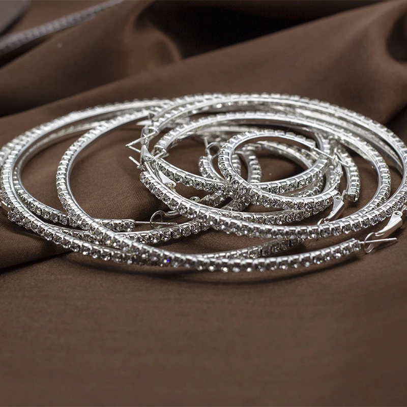 라인스톤 크리스탈 원형 후프 귀걸이, 심플한 큰 원형 실버 도금 후프 귀걸이, 여성용 인기 귀걸이, 20mm-90mm