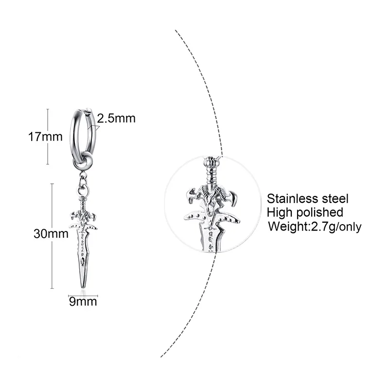 단일 실버 컬러 단검 귀걸이 남자 스테인레스 스틸 검 허기 후프 귀걸이, 멋진 패션 락 문신 남자 쥬얼리
