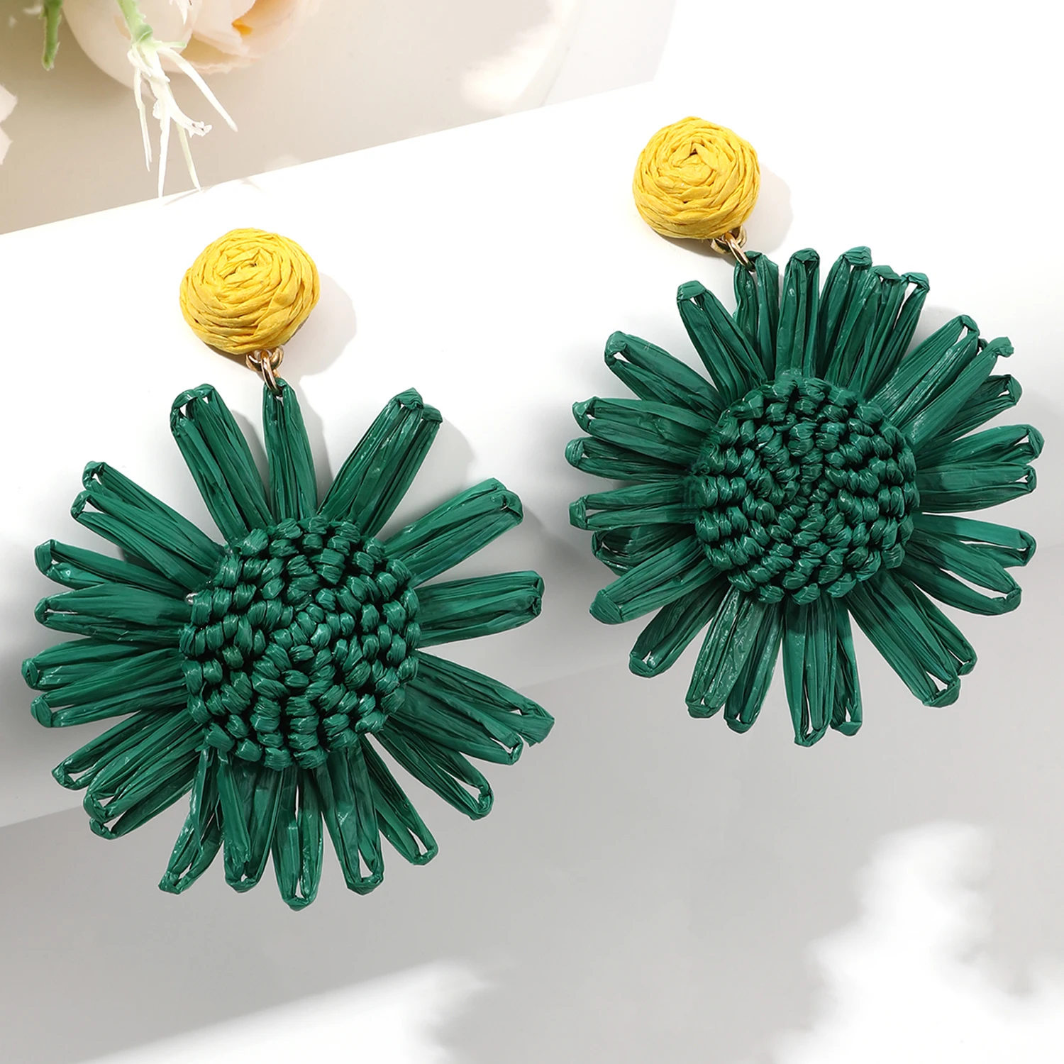 여성용 수제 직조 태양 꽃 라피아 귀걸이, 라탄 니트 귀걸이, 휴일 파티 주얼리, 패션 선물, 신제품