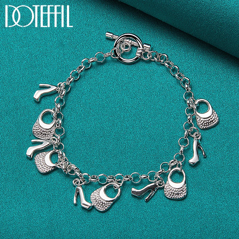 DOTEFFIL 여성용 925 스털링 실버, 24K 골드 하이힐, 가방 펜던트 팔찌 체인, 매력적인 웨딩 약혼 주얼리