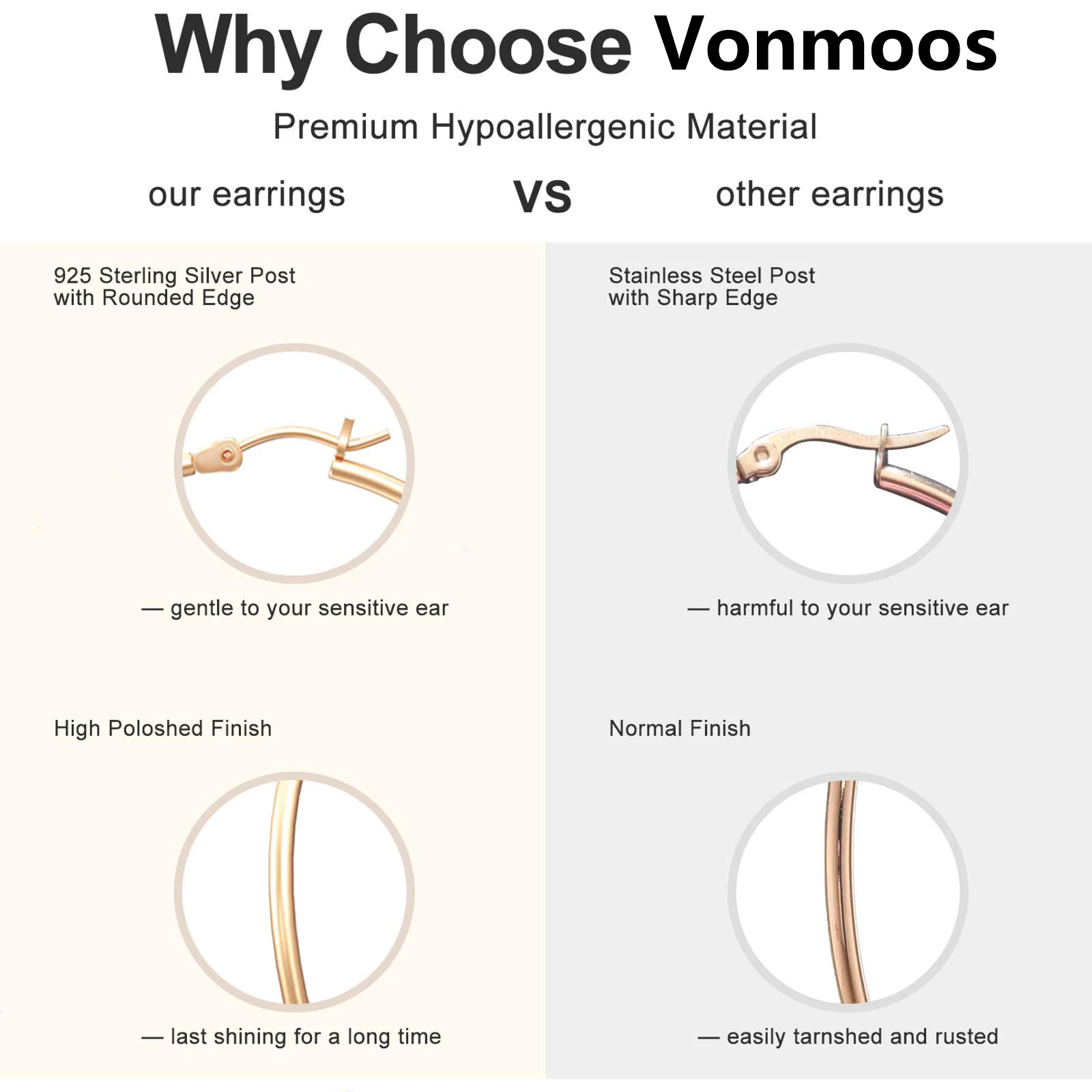 Vonmoos 남녀공용 후프 귀걸이 세트, 14K 리얼 골드 도금 구리 후프, 925 스털링 실버 바늘, 새로운 모던 주얼리