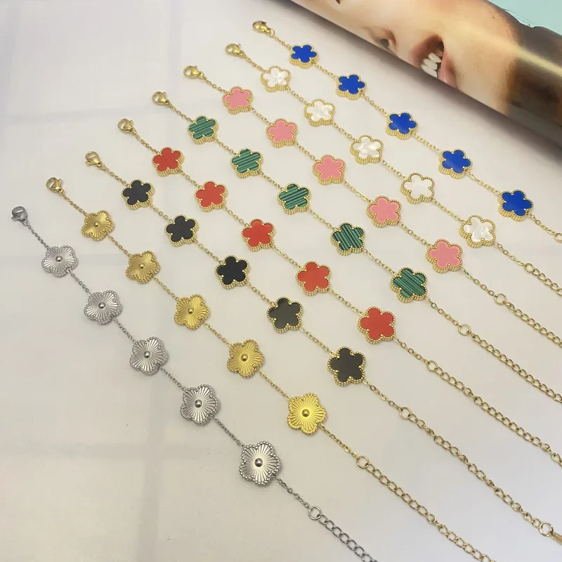 여성용 양면 클로버 팔찌, 14K 금도금 스테인레스 스틸, 행운의 5 잎 링크, 손목 쥬얼리, 사랑스러운 선물