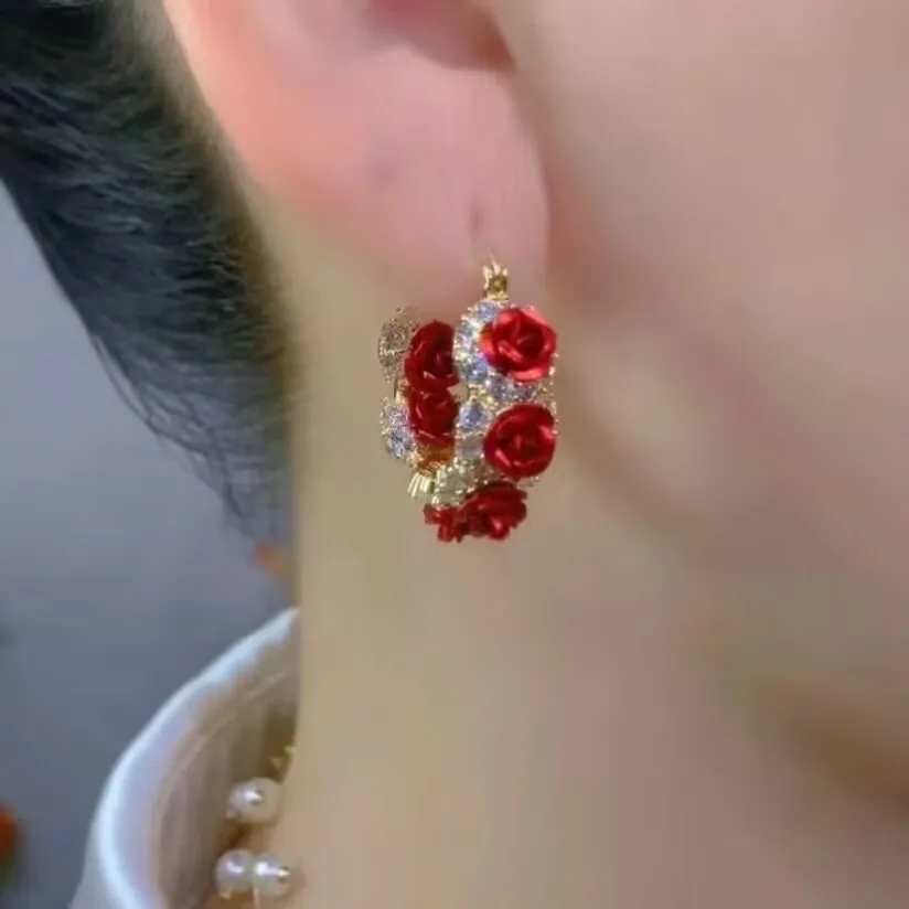 우아한 섬세한 지르콘 장미 꽃 원형 귀걸이, 패션 트렌드, 독특한 디자인, 여성용 쥬얼리, 웨딩 파티 프리미엄 선물