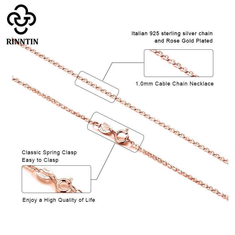 Rinntin 로즈 골드 925 스털링 실버 패션 케이블 링크 체인 목걸이, 얇은 넥 체인 액세서리 쥬얼리 SC06