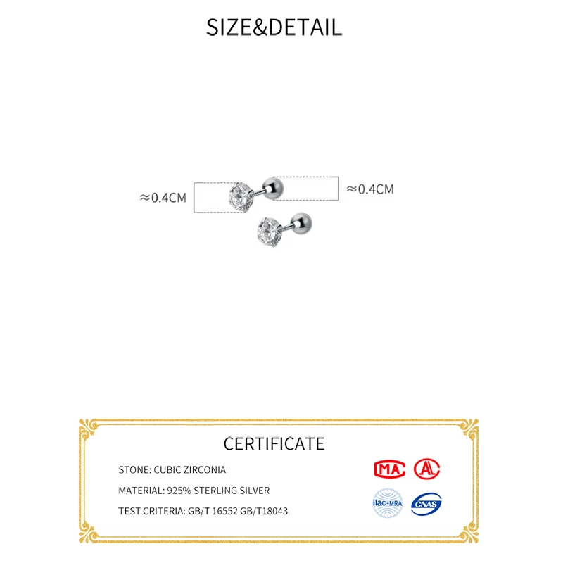 INZATT-리얼 925 스털링 실버 지르콘 CZ 라운드 스크류 비드 스크류 스터드 귀걸이, 여성용 클래식 파인 쥬얼리 액세서리