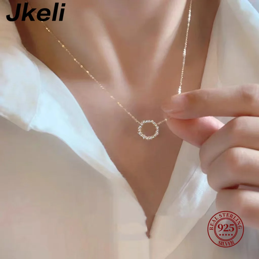 Jkeli -100% S925 스털링 실버 도금 18K 골드 목걸이, 풀 다이아몬드 서클 스타일, 일본 및 한국 K 골드 칼라 체인