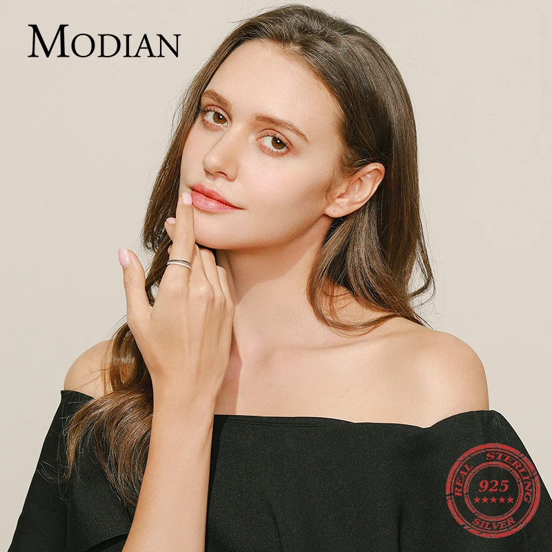 MODIAN 리얼 실버 블랙 지르코니아 Stackable Rings 여성을위한 패션 크리스탈 925 스털링 실버 핑거 링 Party Fine Jewelry