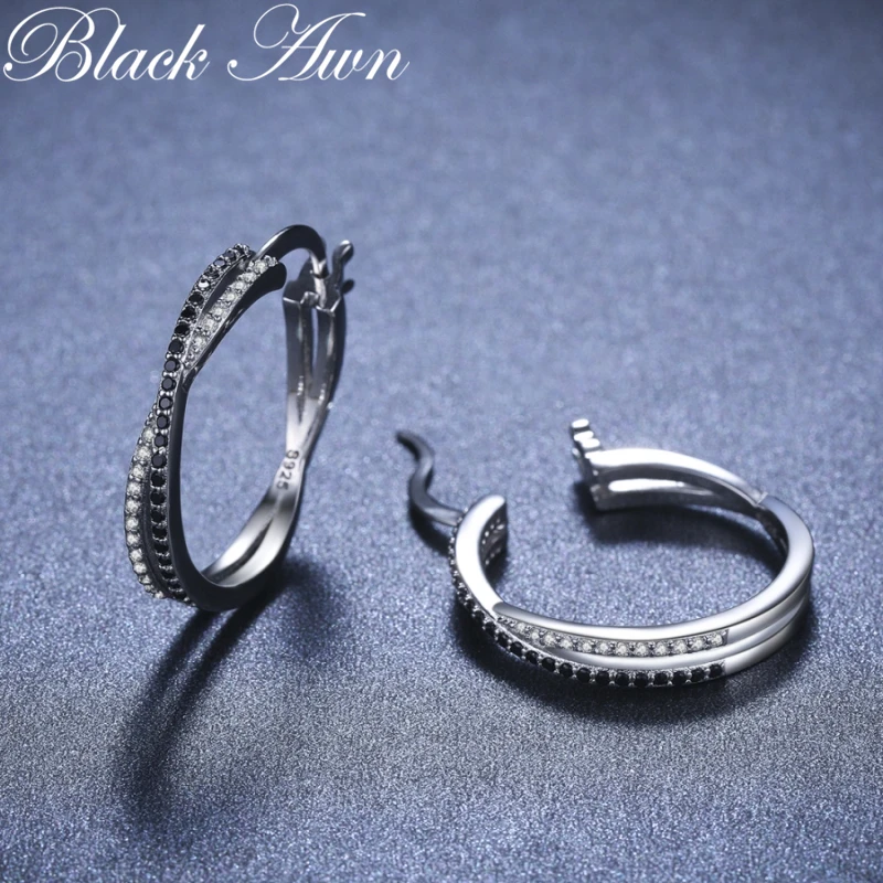 블랙 Awn 클래식 실버 컬러 라운드 블랙 트렌디 스피넬 약혼 후프 귀걸이 여성 보석 Bijoux I209