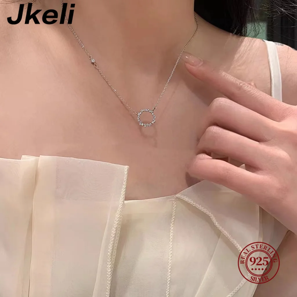 Jkeli -100% S925 스털링 실버 도금 18K 골드 목걸이, 풀 다이아몬드 서클 스타일, 일본 및 한국 K 골드 칼라 체인